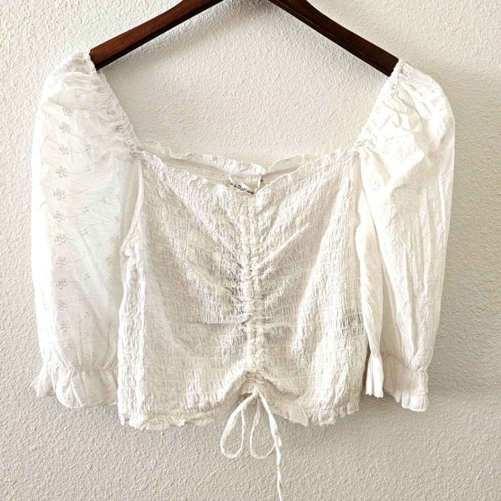 SALE! Who's That Girl white cropped top size M smocked ruching eyelet boho NWT